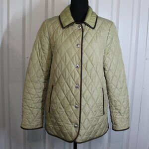 Coach Womens Quilted Nylon Green Jacket Brown Leather Trim Size Med Puffer Light